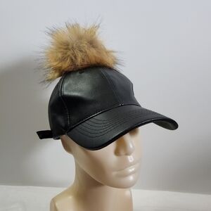 Akira chicago red label black faux leather tan pom pom baseball hat cap